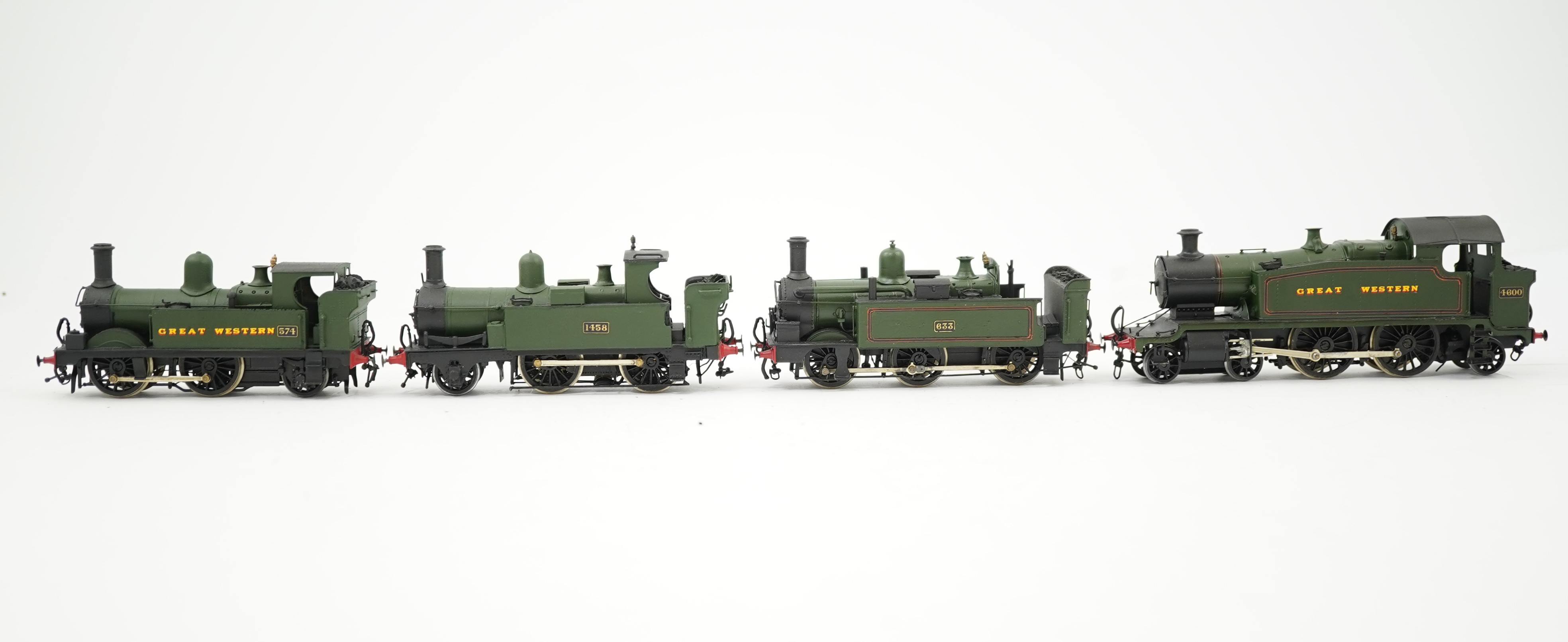 Four 00 gauge kit built GWR tank locomotives, three brass and white metal; a 14xx class 2-4-0T, 1458, together with an 517 class 0-4-2T, 574, and a 633 class 0-4-2T, 633, plus a plastic/resin and metal 46xx class 4-4-2T,